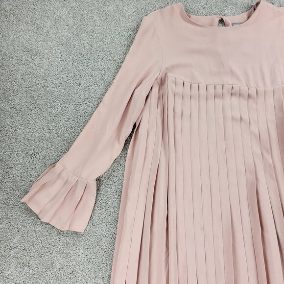 ASOS Womens Trapeze Dress 12 Pink Pleated Empire Waist Keyhole Bell Sleeve Mini - Picture 10 of 13